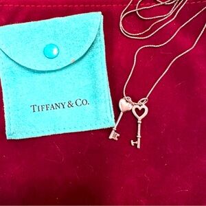 Tiffany & Co. Diamond Heart Key & Open Heart Pendants.  18” W/Pouch